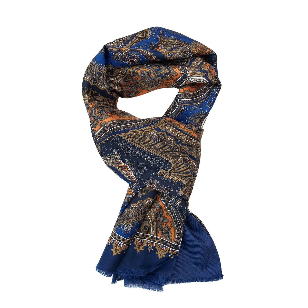 Blue and Orange Paisley Cashmere Scarf | Serà Fine Silk