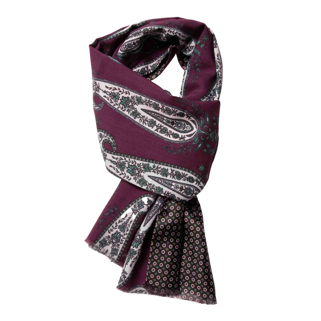 Purple and Dark Grey with Big Paisley Silk and Wool Scarf Serà Fine Silk