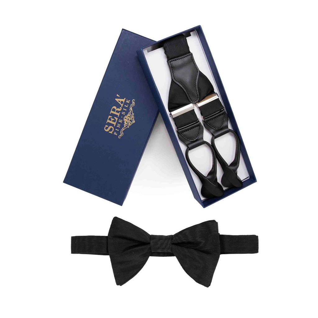 Black Moire Suspender & Bow Tie Set Serà Fine Silk