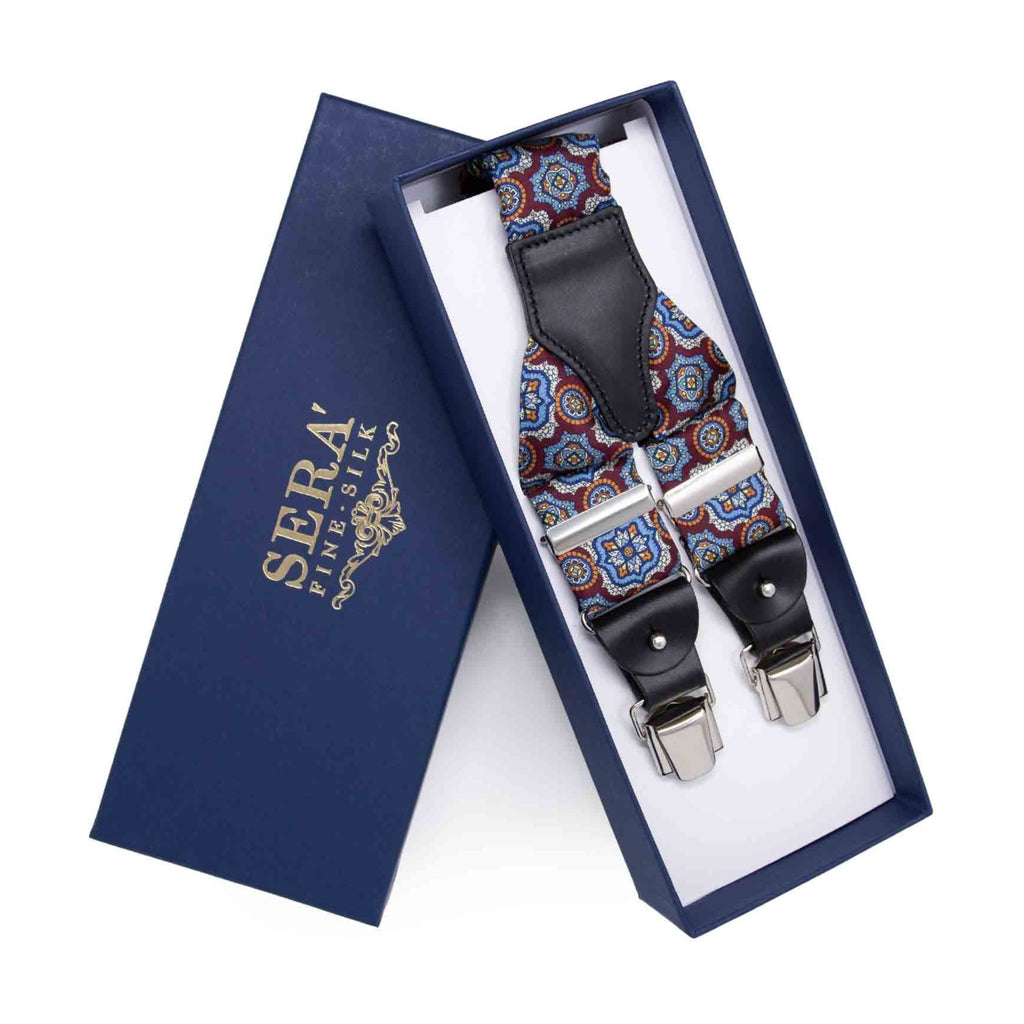 Burgundy and Light Blue Medallions Silk Suspenders Serà Fine Silk