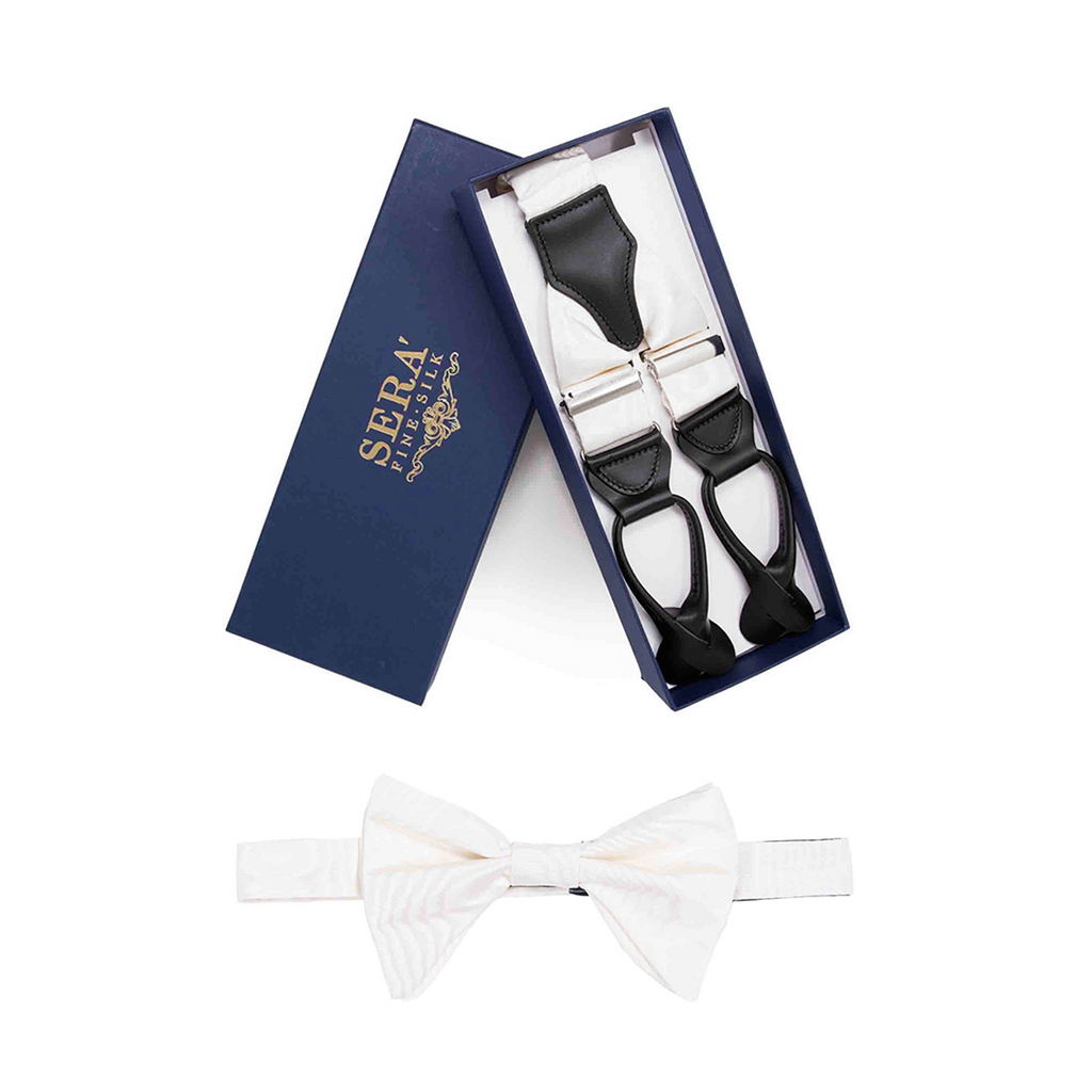 white moire silk suspender and bow tie set