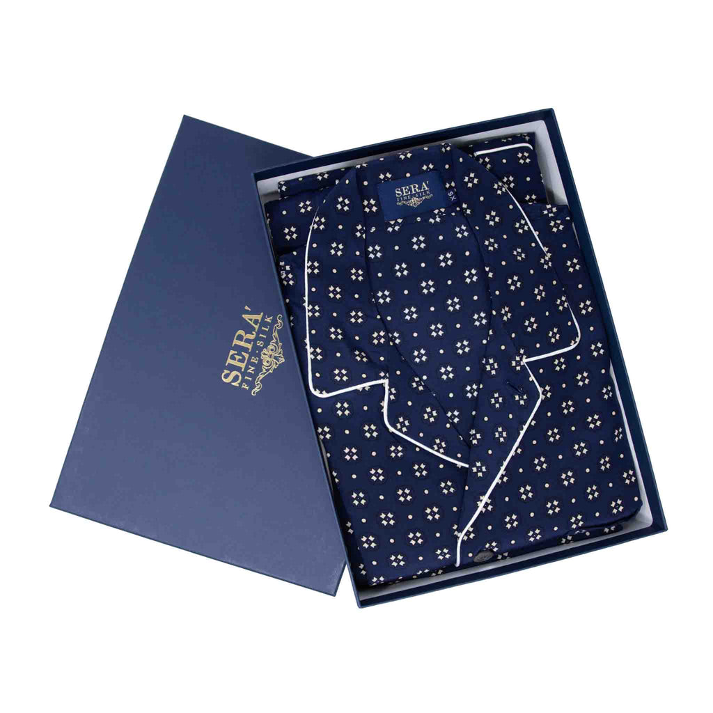 sera fine silk - blue and white geometric pattern silk pajama
