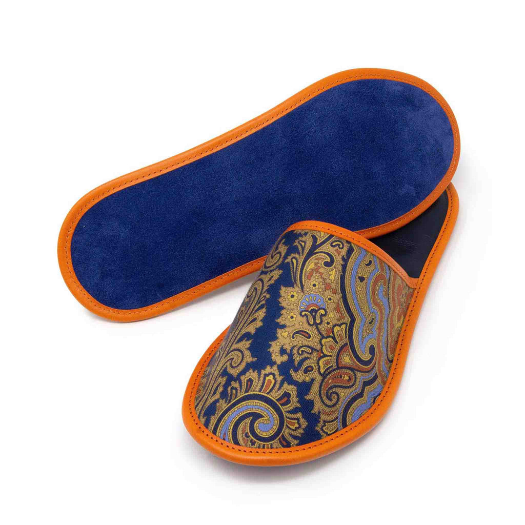 sera fine silk - royal blue and orange silk leather slippers