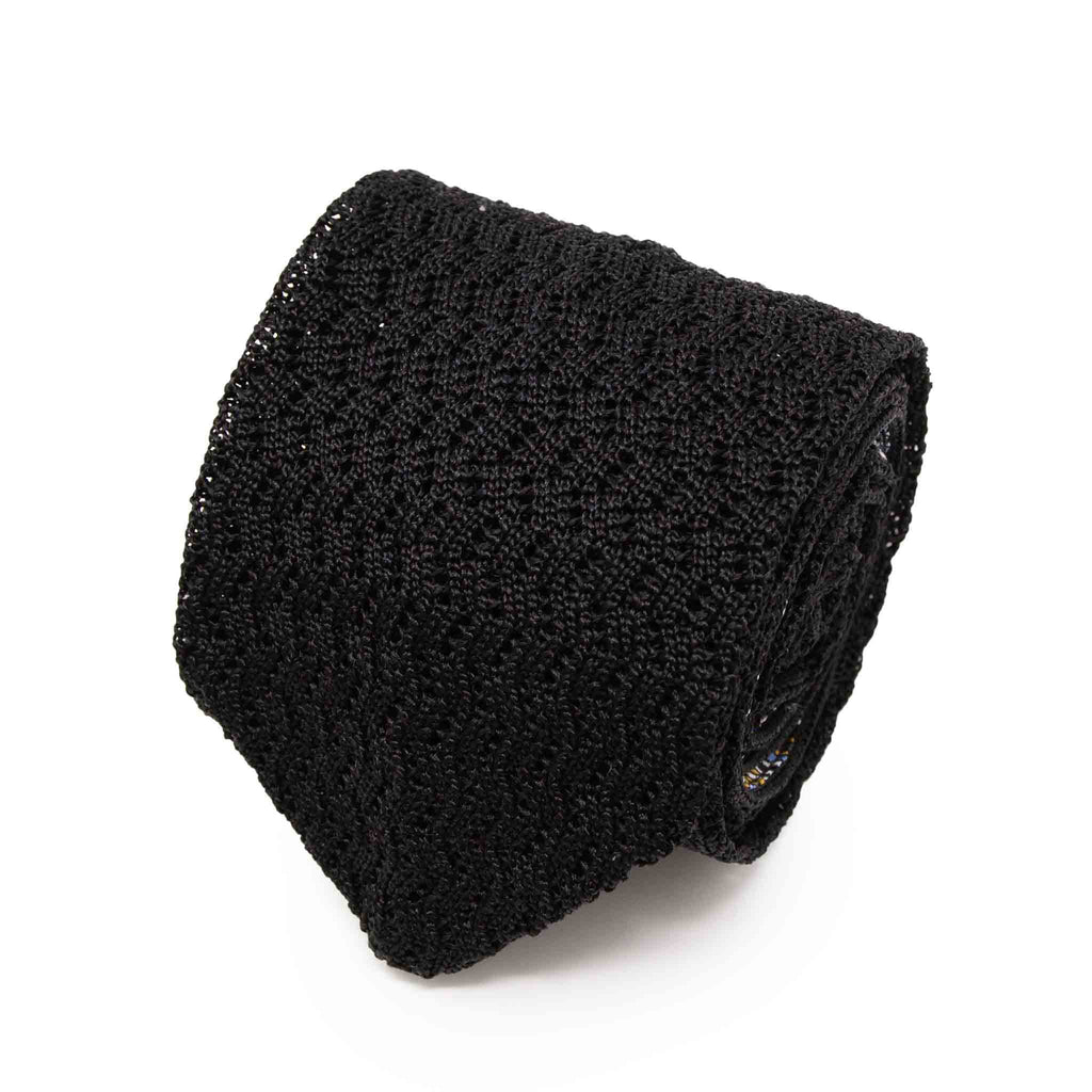 Black Zig Zag V Point Knitted Silk Tie Serà Fine Silk