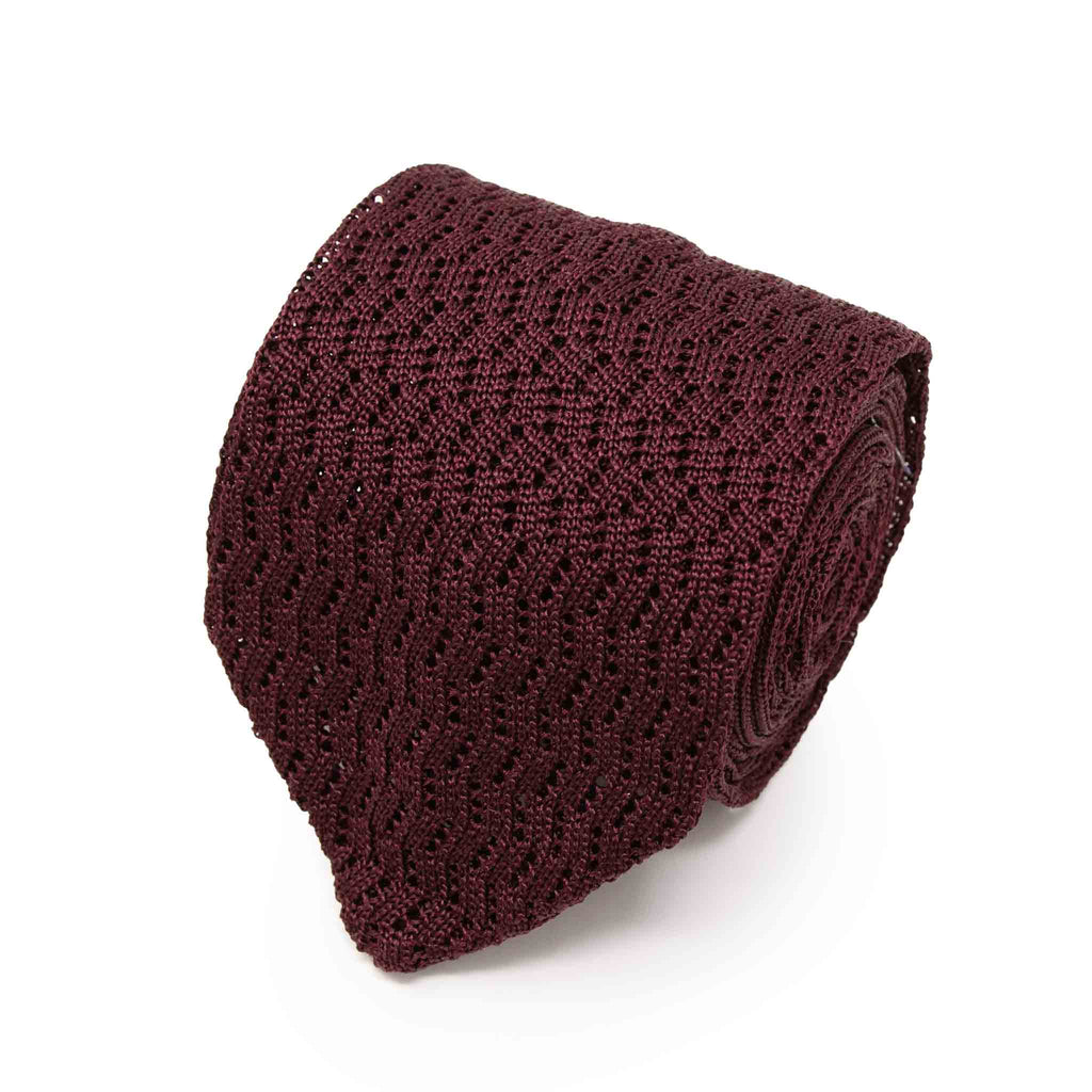 Burgundy Zig Zag V Point Knitted Silk Tie Serà Fine Silk