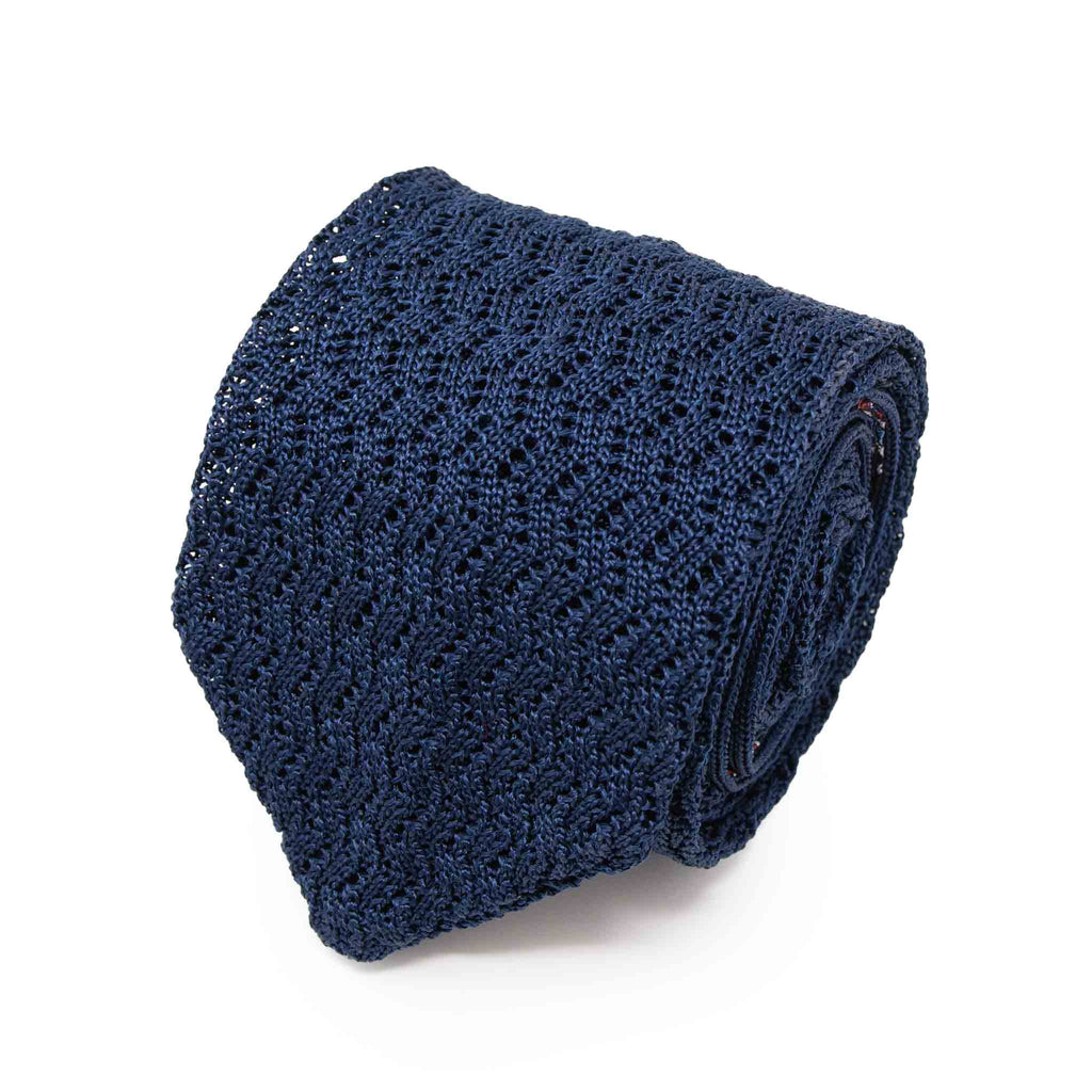 Navy Blue Zig Zag V Point Knitted Tie Serà Fine Silk