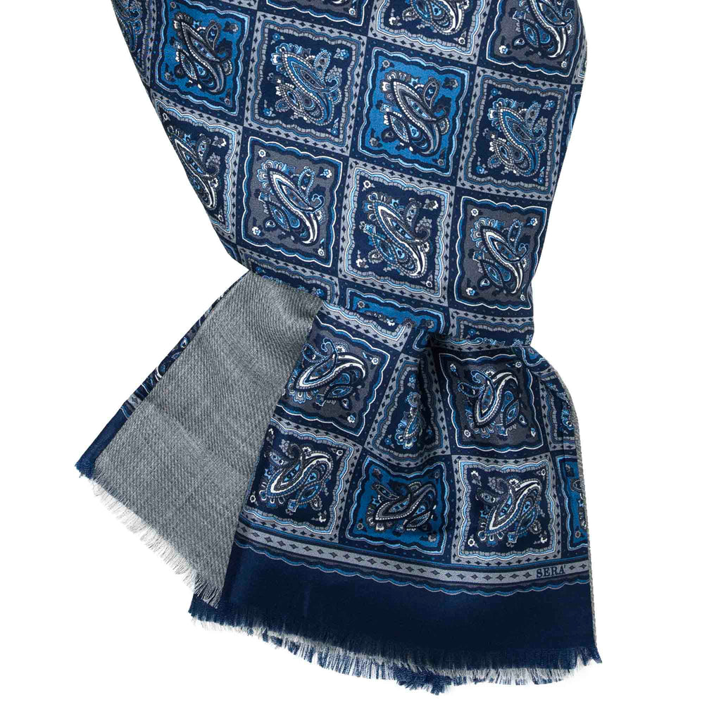 Blue and Grey Mosaic Cashmere Scarf Serà Fine Silk