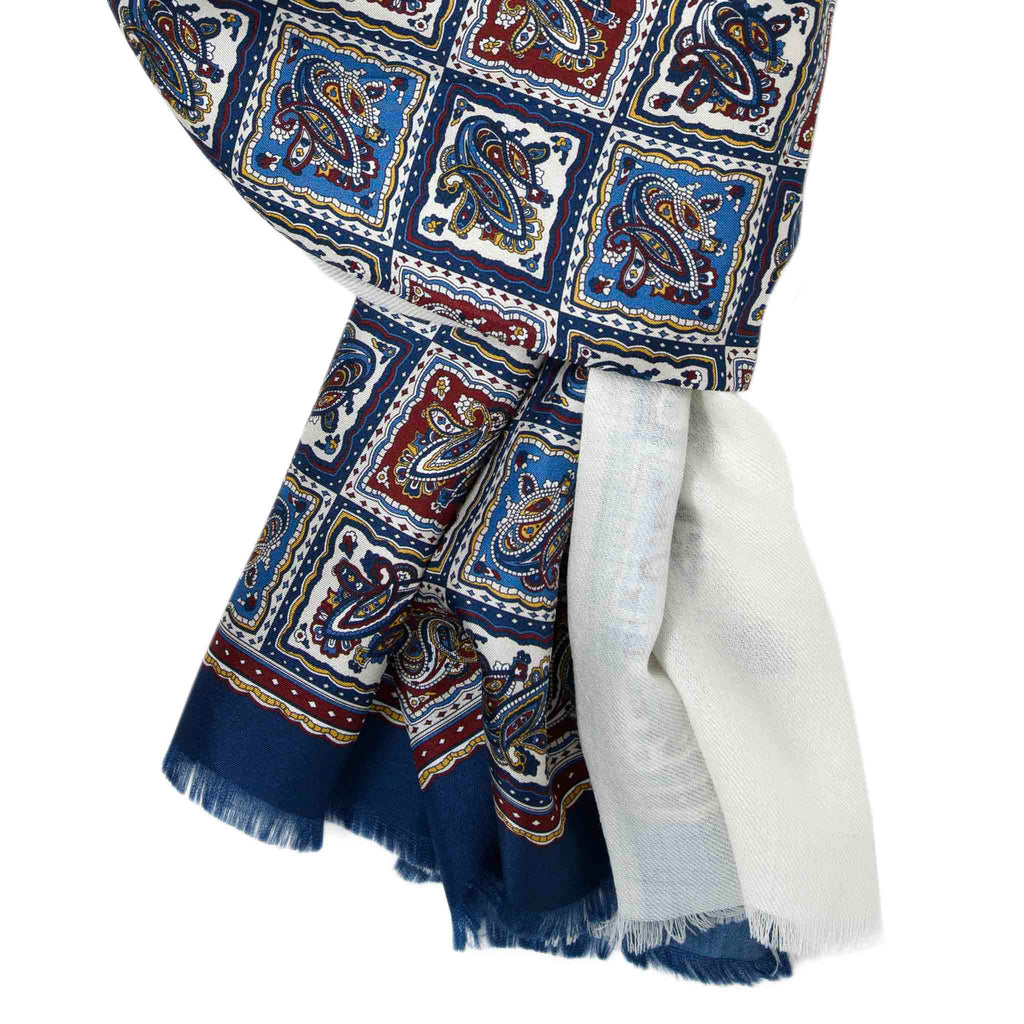 White and Blue Mosaic Cashmere Scarf Serà Fine Silk