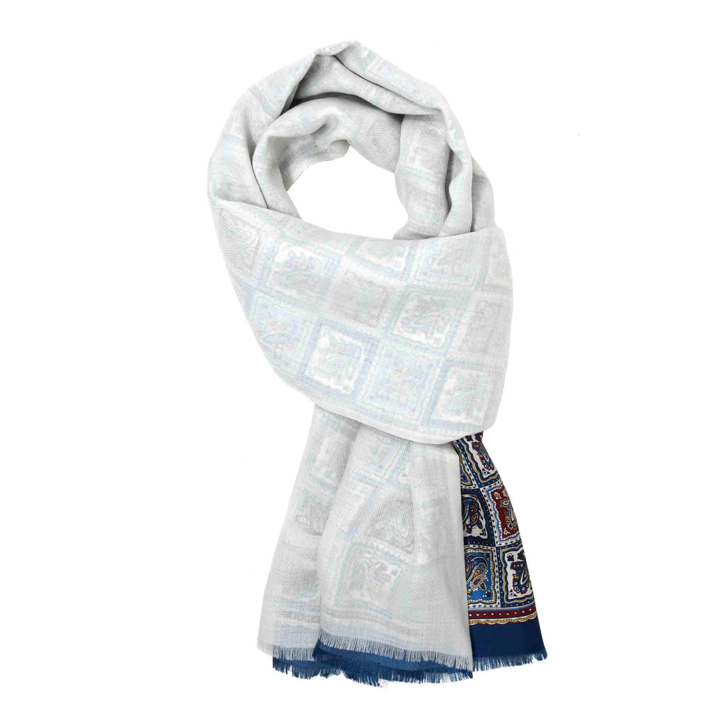 White and Blue Mosaic Cashmere Scarf Serà Fine Silk