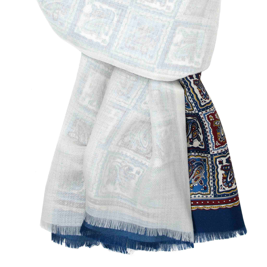 White and Blue Mosaic Cashmere Scarf Serà Fine Silk