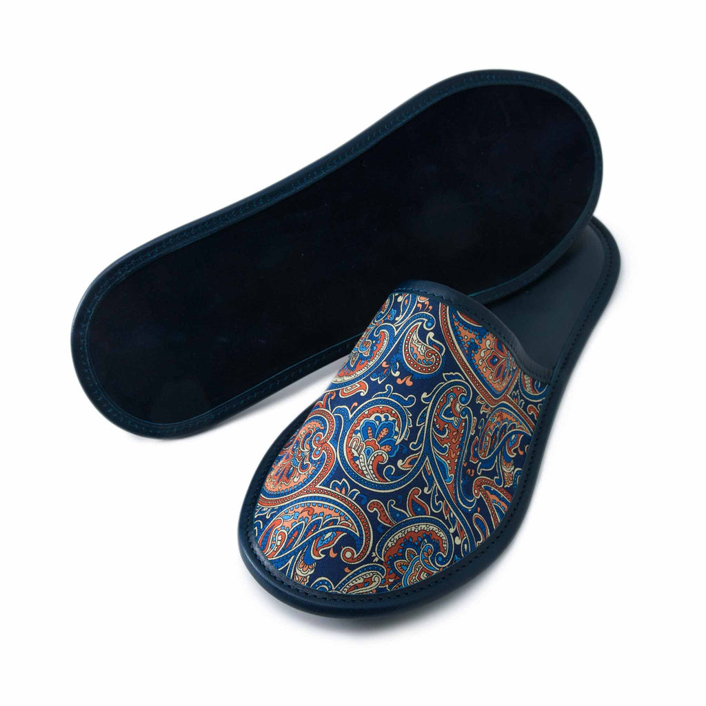 Slippers Blue Pattern Blue And Orange Silk And Leather Slippers | Serà Fine Silk
