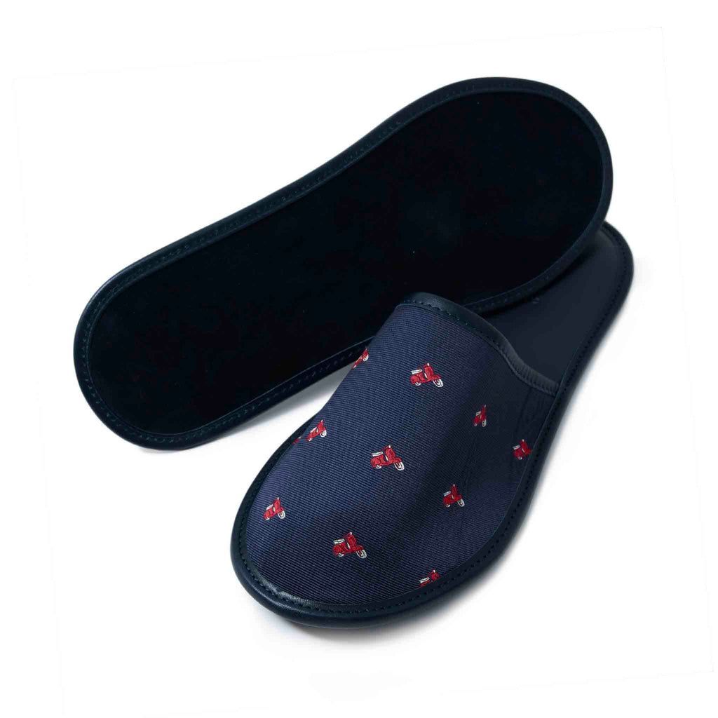 Blue with Red Mini Vespa Silk And Leather Slippers Serà Fine Silk
