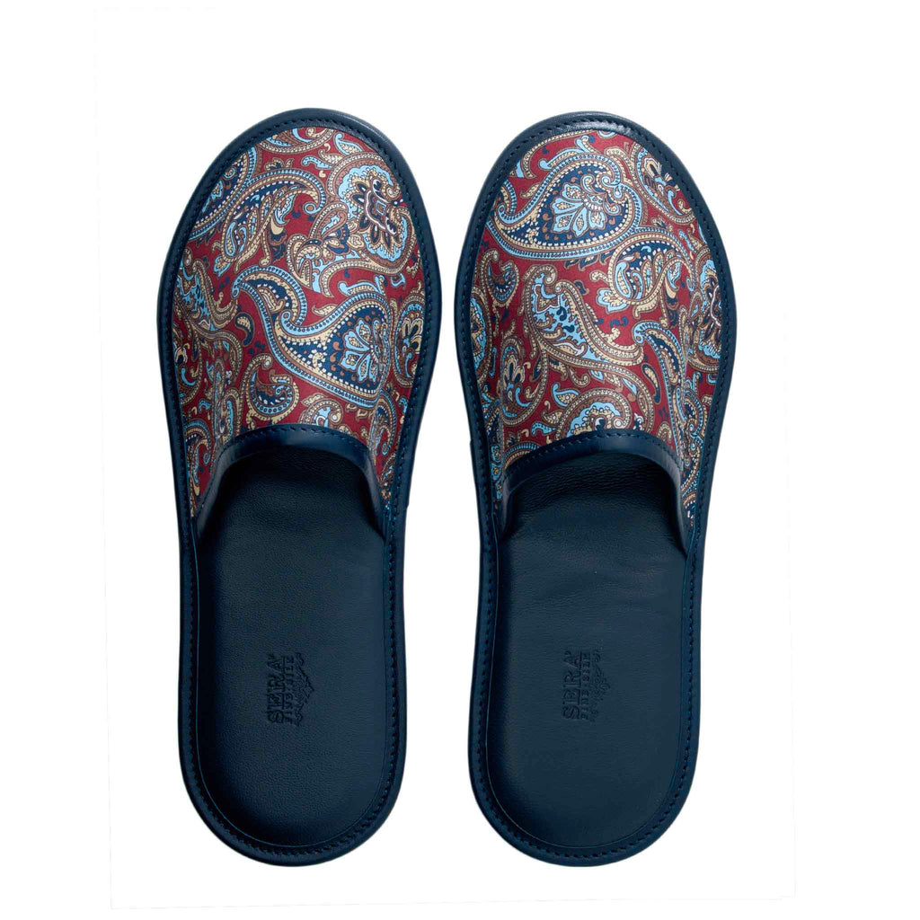 Burgundy and Blue Silk And Leather Slippers Serà Fine Silk