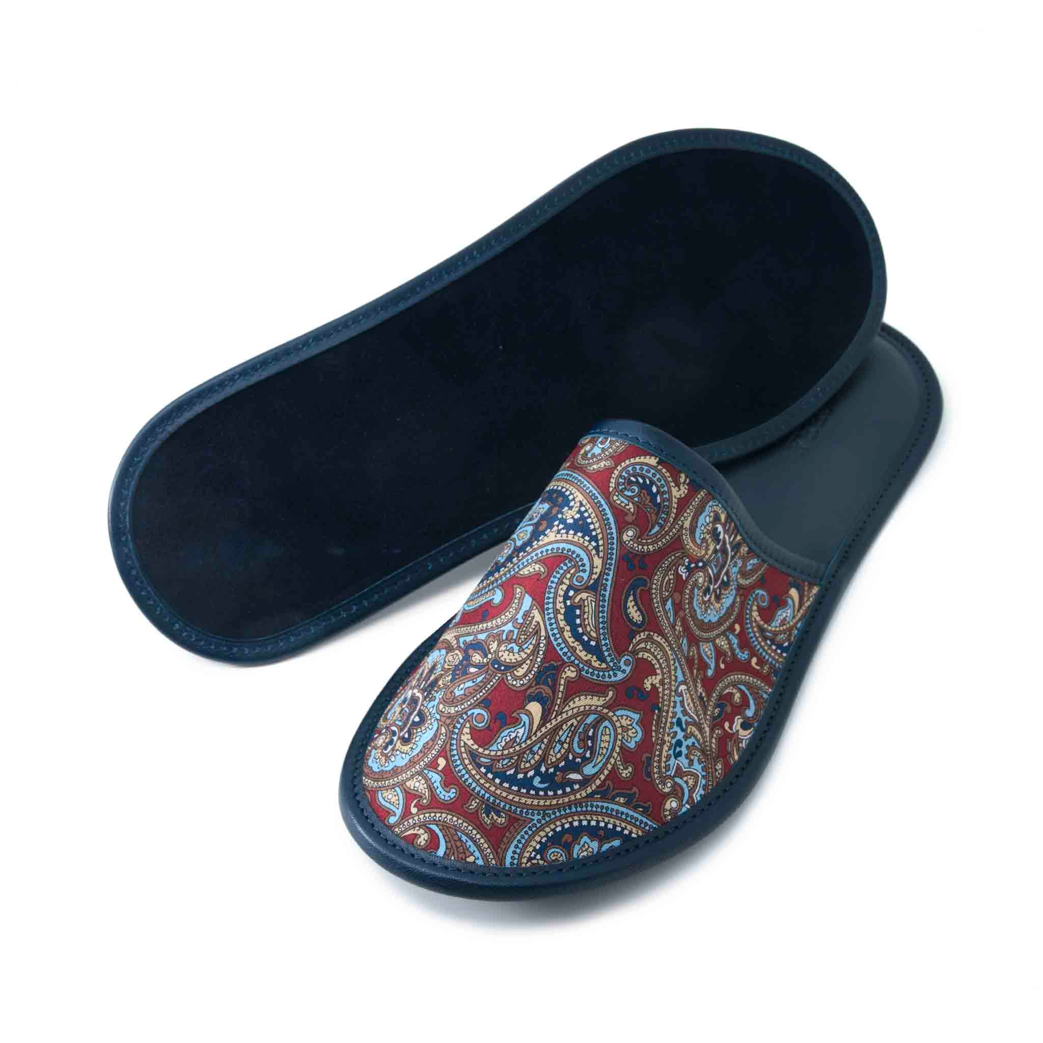 Burgundy and Blue Silk And Leather Slippers | Serà Fine Silk