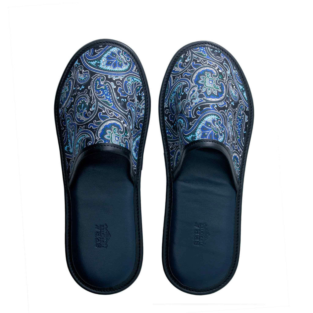 Light Blue And Black Silk And Leather Slippers Serà Fine Silk