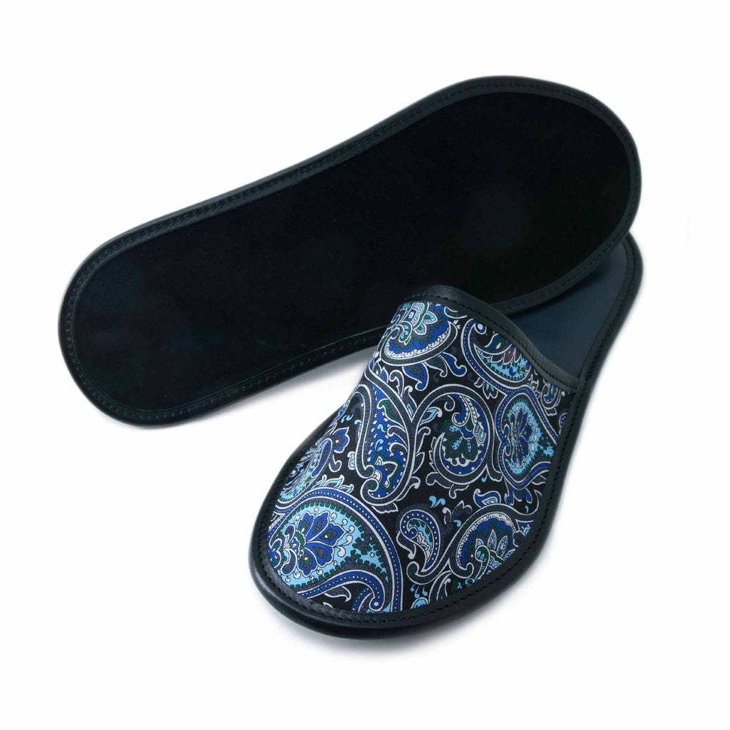 Light Blue And Black Silk And Leather Slippers Serà Fine Silk