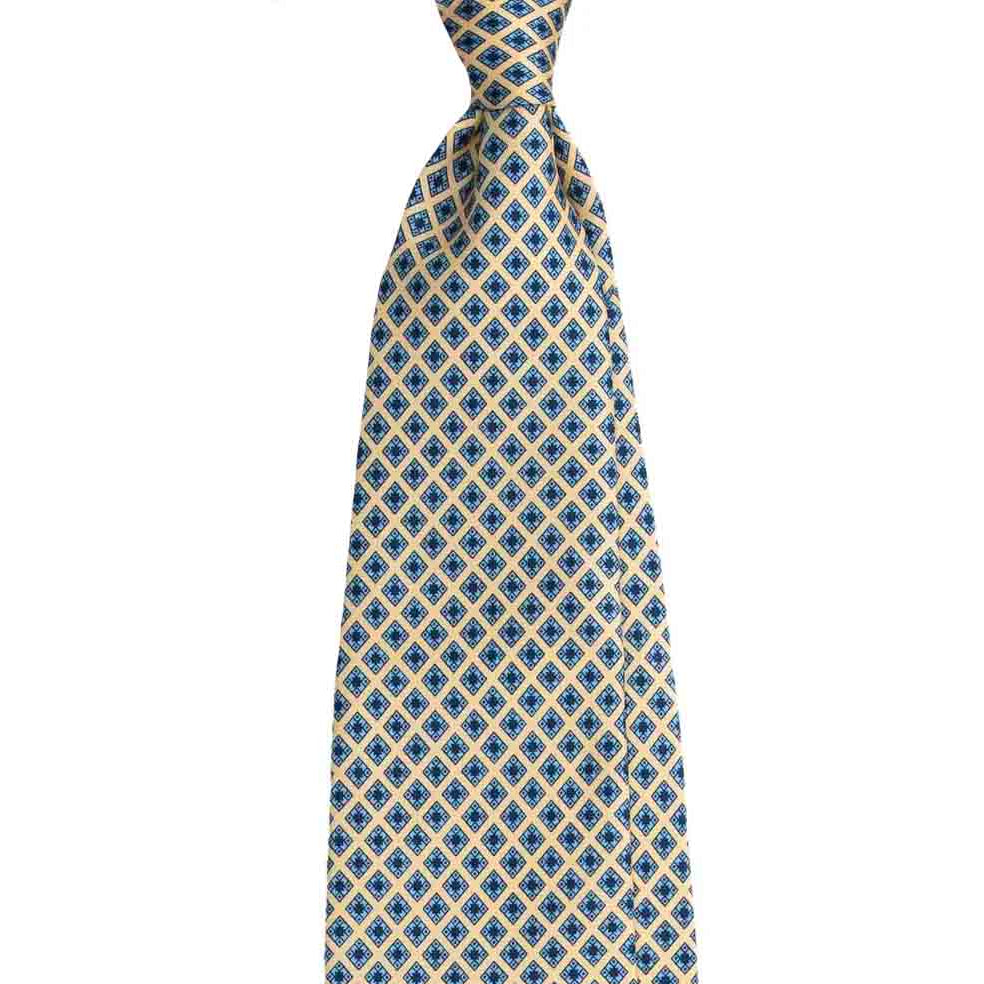 Yellow Silk Tie with Light Blue Geometric Pattern | Serà Fine Silk