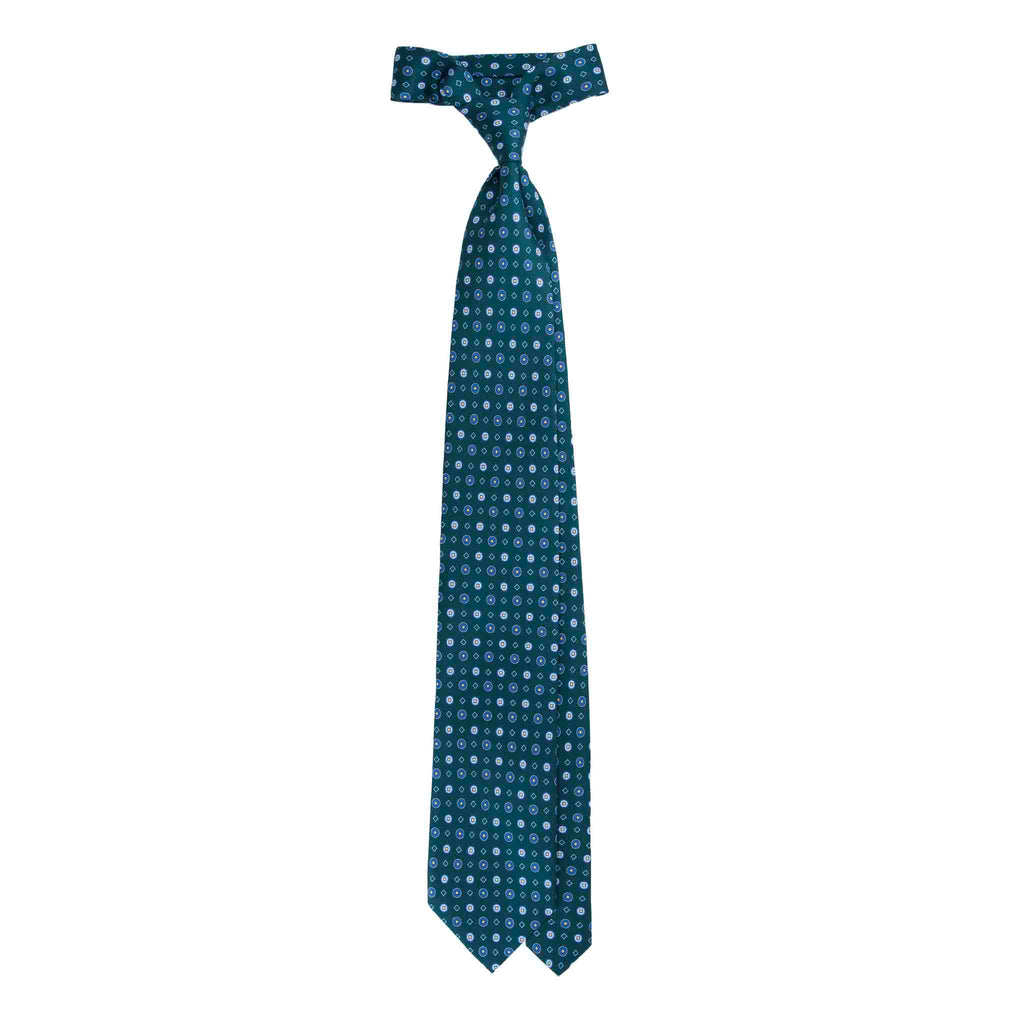 Green Silk Tie with Blue Geometric Pattern Serà Fine Silk
