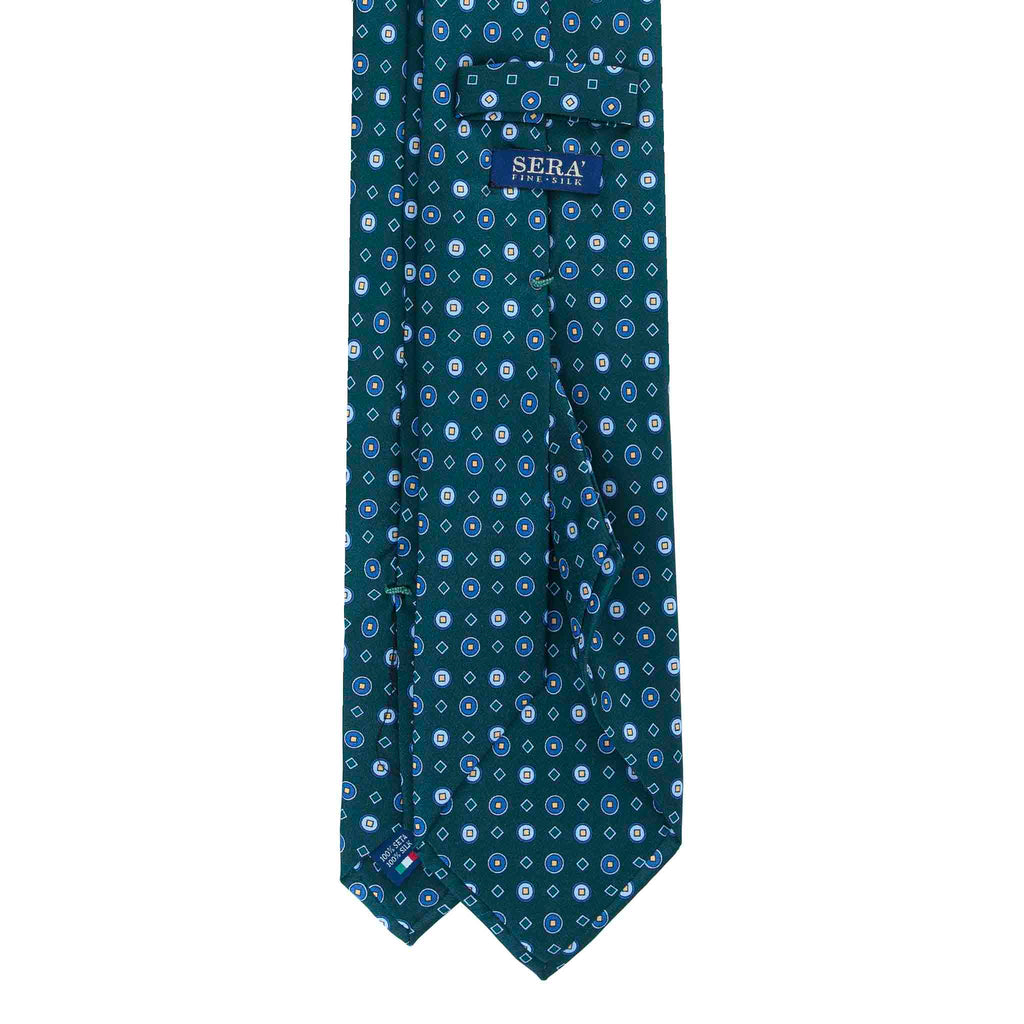 Green Silk Tie with Blue Geometric Pattern Serà Fine Silk