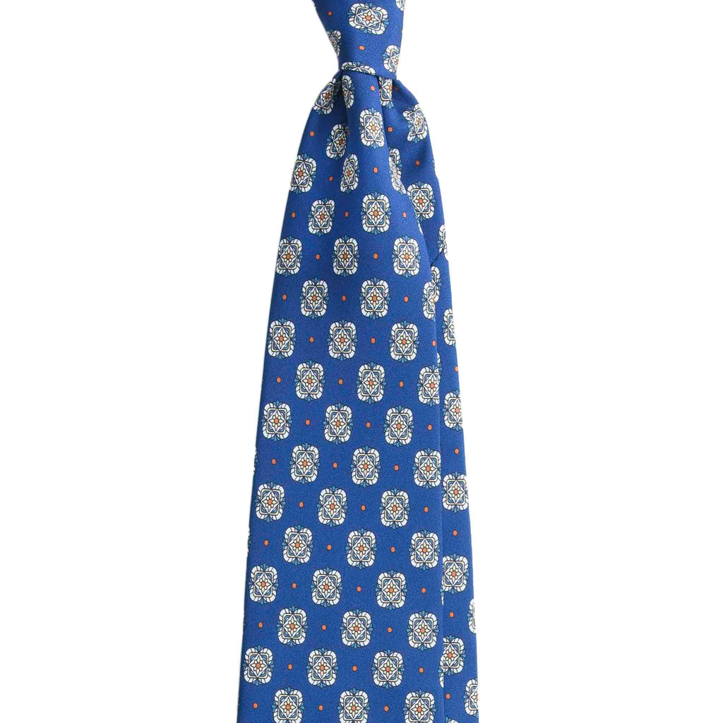 Blue Silk Tie with White Square Medallions Serà Fine Silk