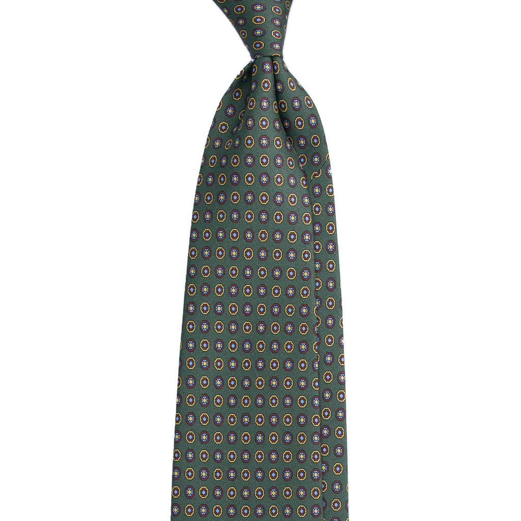 Olive Green Silk Tie with Yellow Flower Medallions Serà Fine Silk