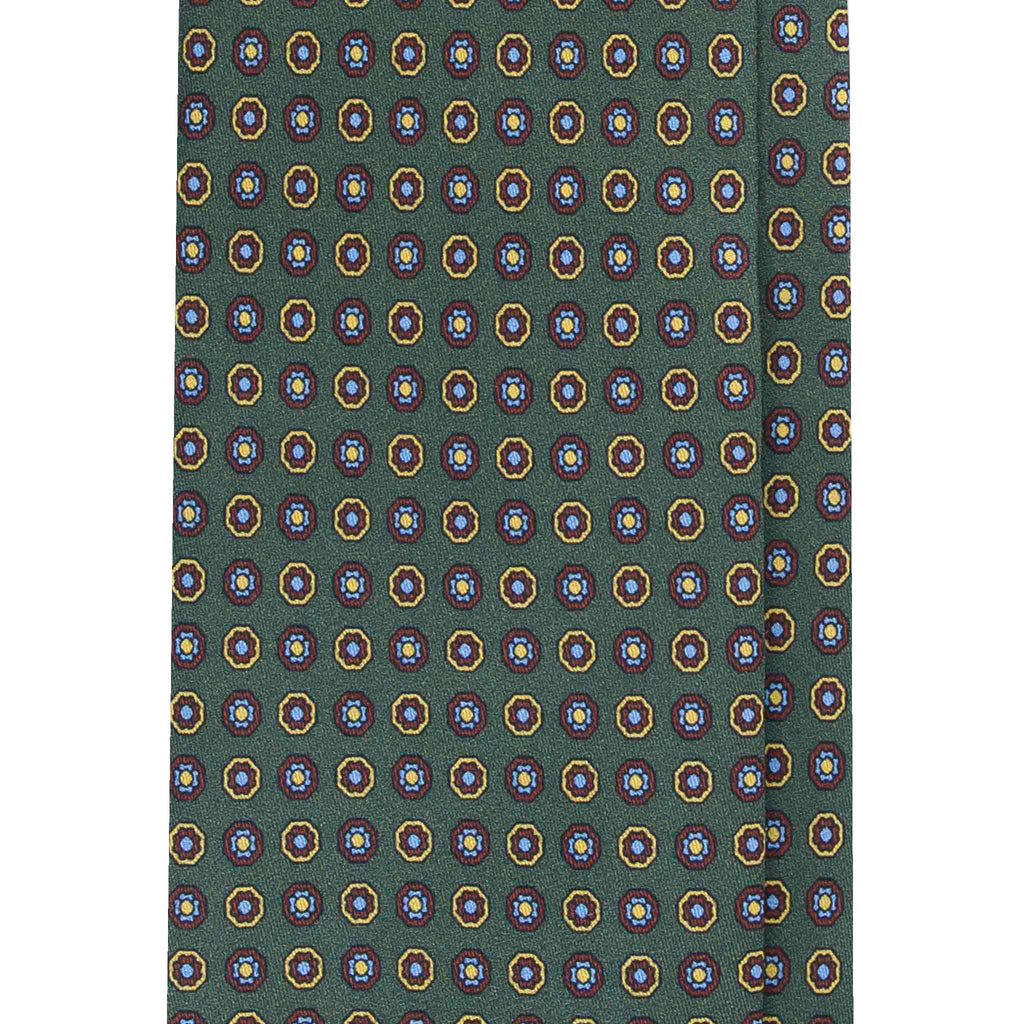 Olive Green Silk Tie with Yellow Flower Medallions Serà Fine Silk