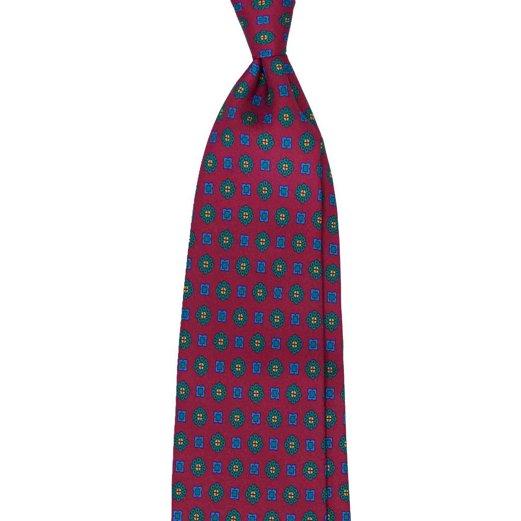 Burgundy Silk Tie with Green Flowers Pattern Serà Fine Silk