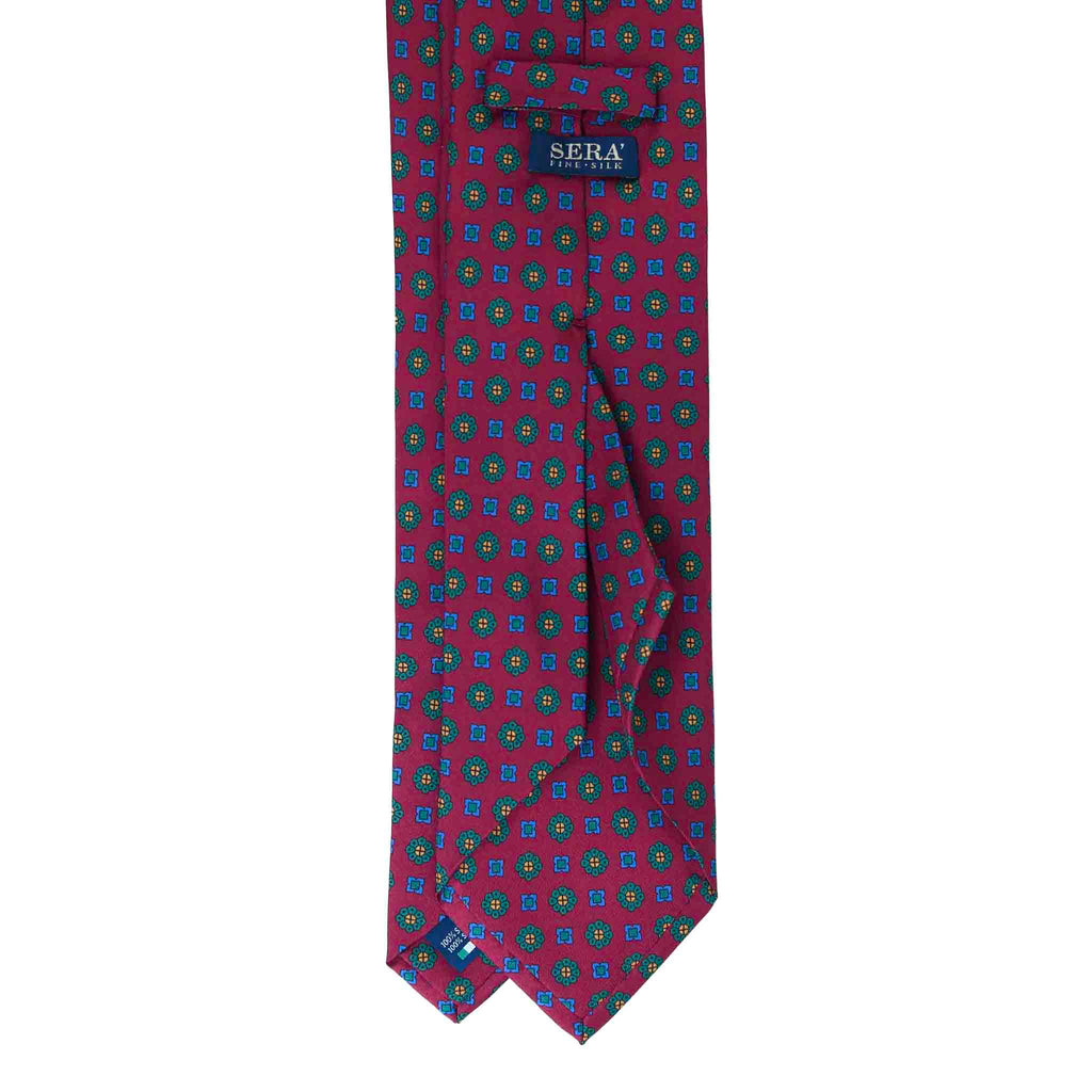 Burgundy Silk Tie with Green Flowers Pattern Serà Fine Silk