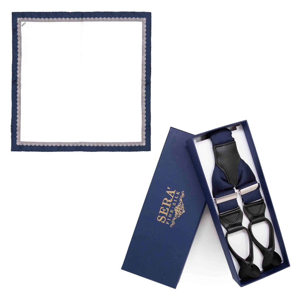 Navy Blue Essential Suspenders & Pocket Square Set Serà Fine Silk