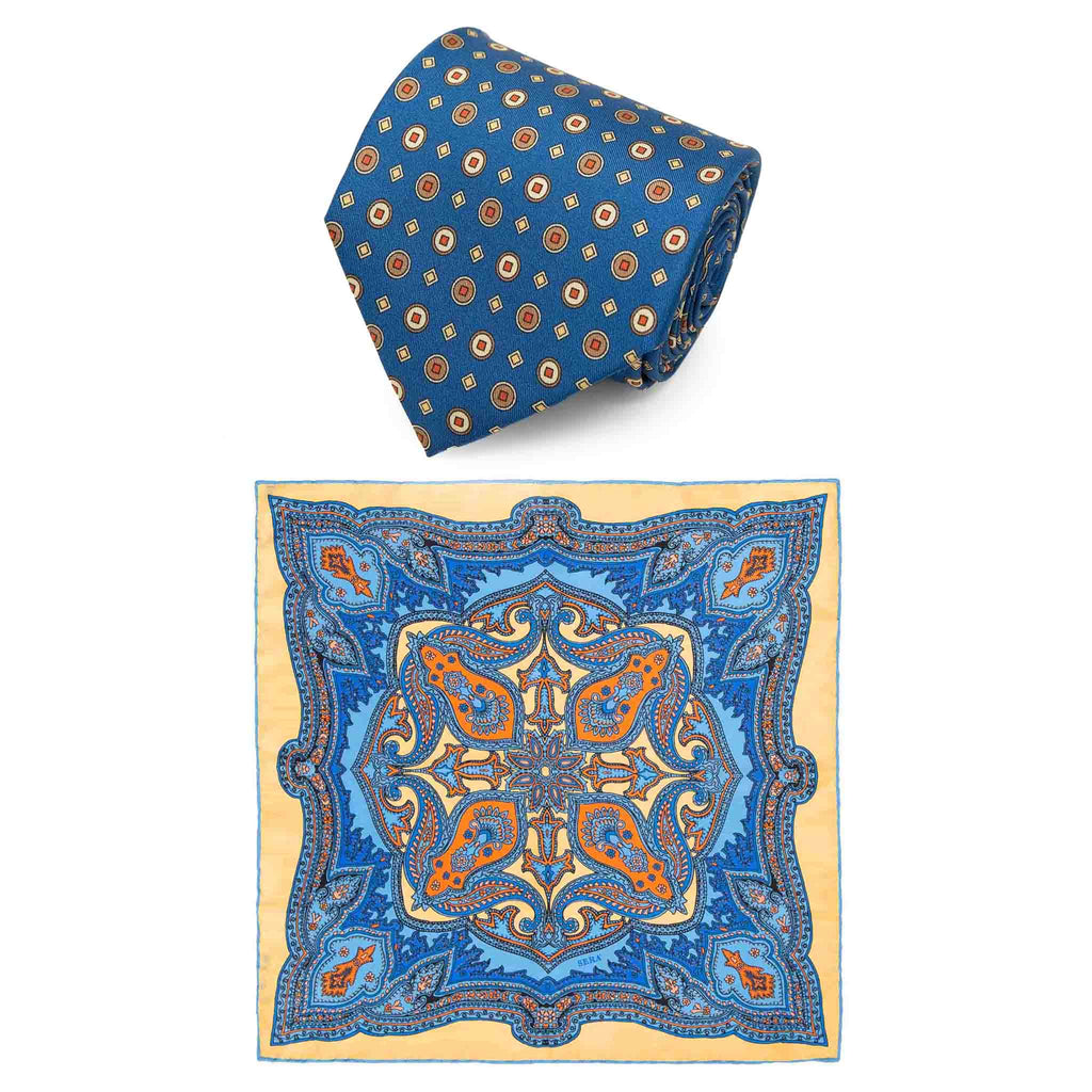 Blue Geometric Tie & Vanilla Ripasso Pocket Square Serà Fine Silk