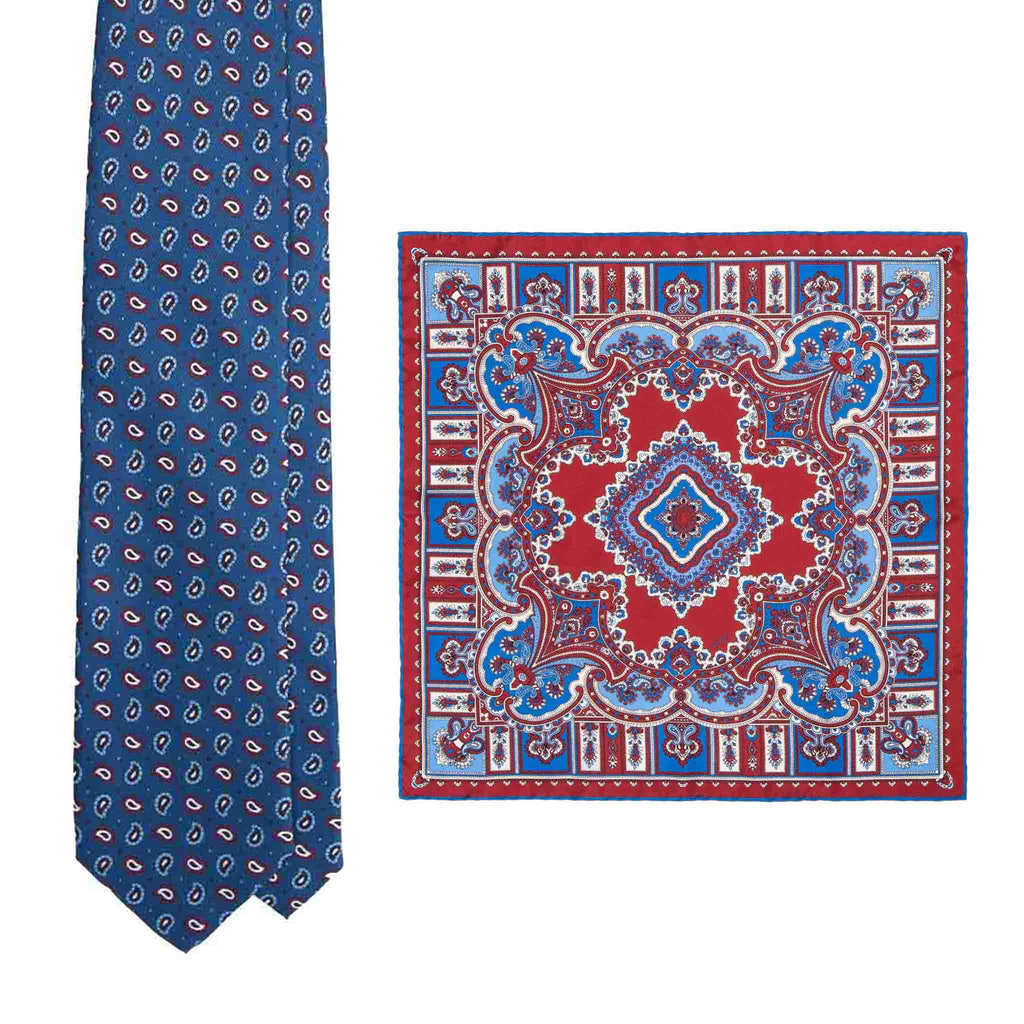 Blue Silk Tie & Wild Strawberry Barolo Pocket Square Set Serà Fine Silk