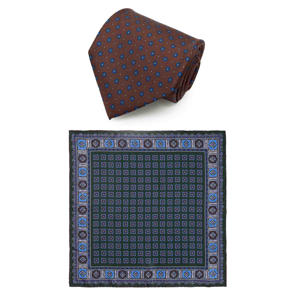 Brown Circles Tie & Flowers Primitivo Pocket Square Serà Fine Silk