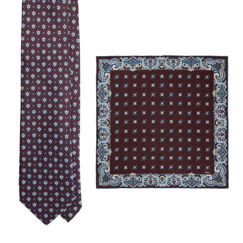 Burgundy Silk Tie & Elleboro Pocket Square Set Serà Fine Silk