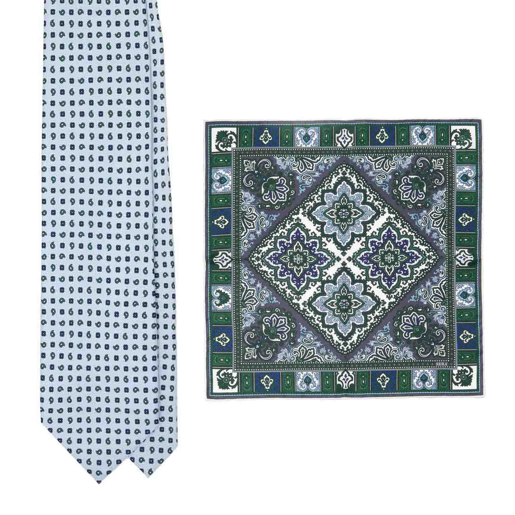 Light Blue Paisley Tie & Tosca Pocket Square Set Serà Fine Silk