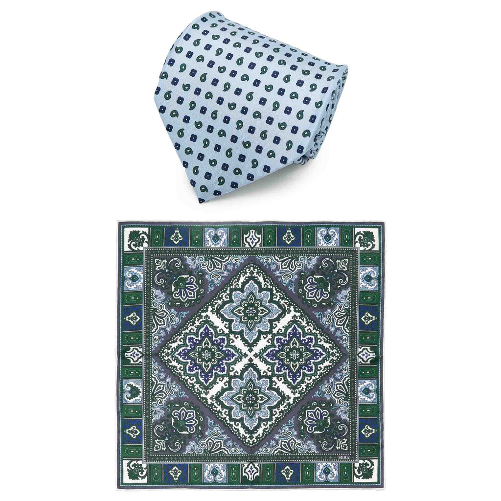 Light Blue Paisley Tie & Tosca Pocket Square Set Serà Fine Silk