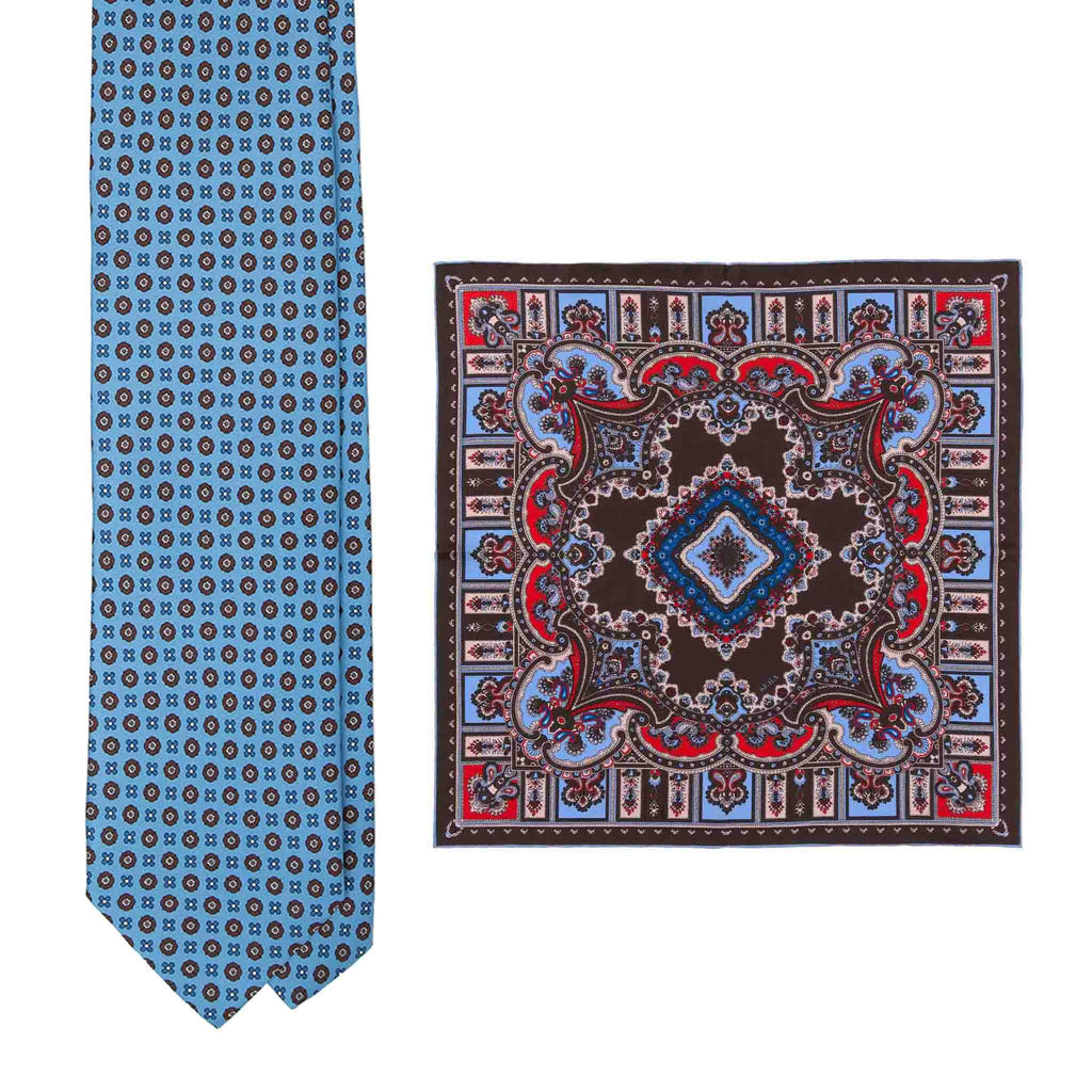 Light Blue Silk Tie & Black Currant Barolo Pocket Square Set Serà Fine Silk