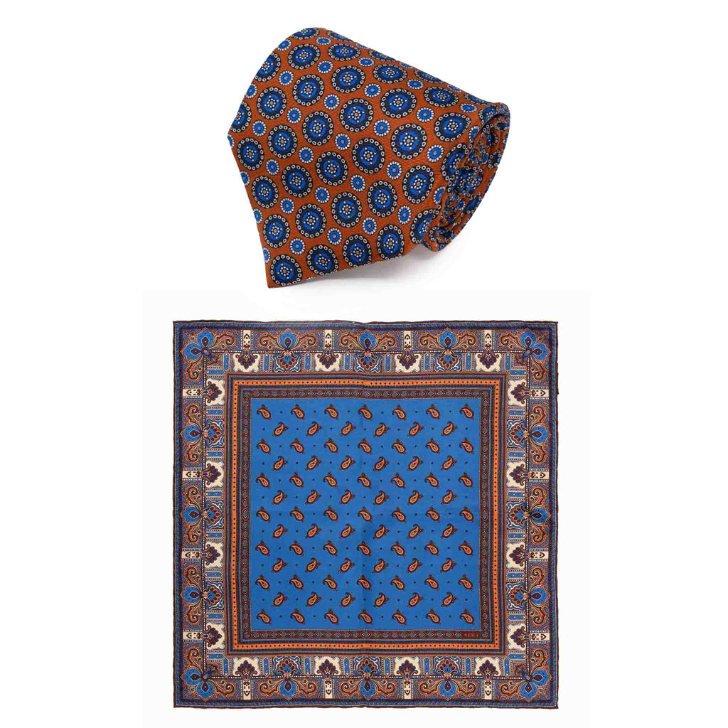 Orange Pattern Tie & Tobacco Recioto Pocket Square Set Serà Fine Silk