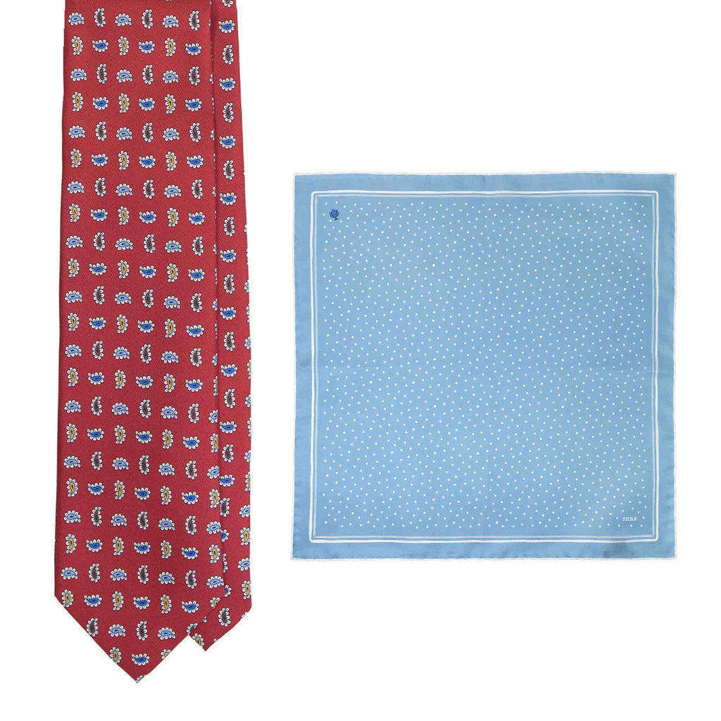 Red Silk Tie & Pumo Light Blue Pocket Square Set Serà Fine Silk