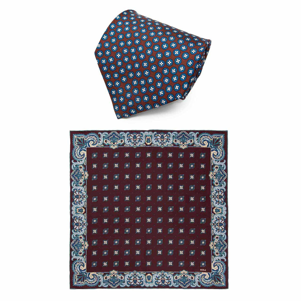 Brown Silk Tie & Elleboro Pocket Square Set Serà Fine Silk
