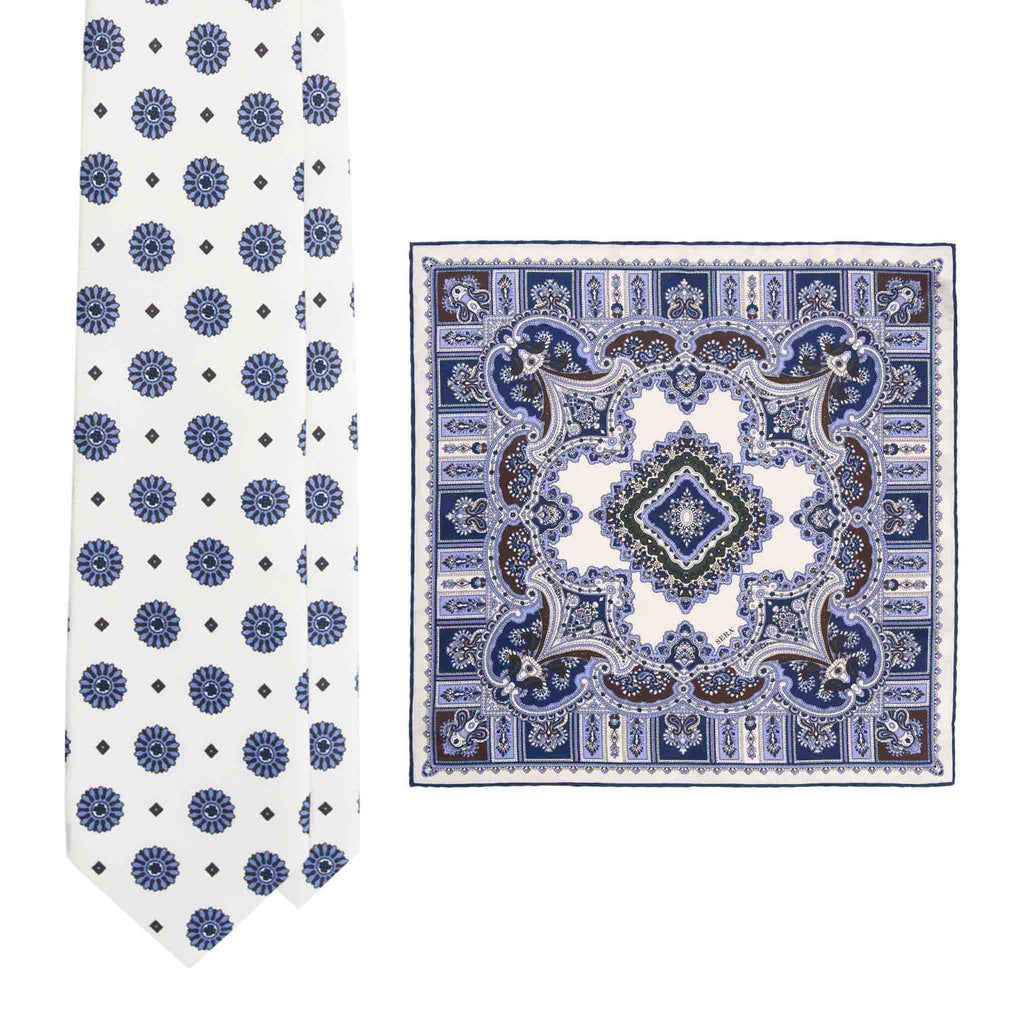 White Silk Tie & Vanilla Barolo Pocket Square Set Serà Fine Silk