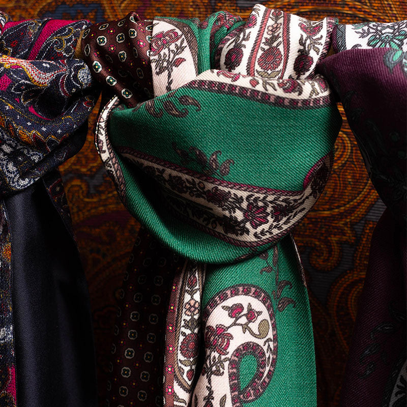 Green and Brown with Big Paisley Silk and Wool Scarf Serà Fine Silk