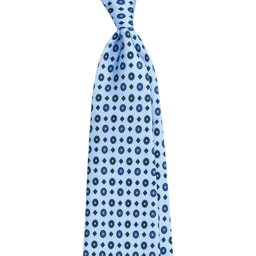 Light Blue Silk Tie with Green Geometric Pattern Serà Fine Silk