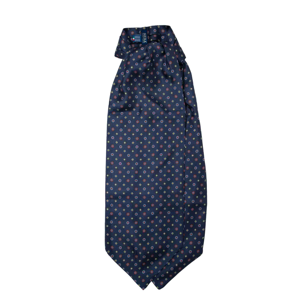 Ink Blue with Flowers Pattern Silk Ascot Serà Fine Silk