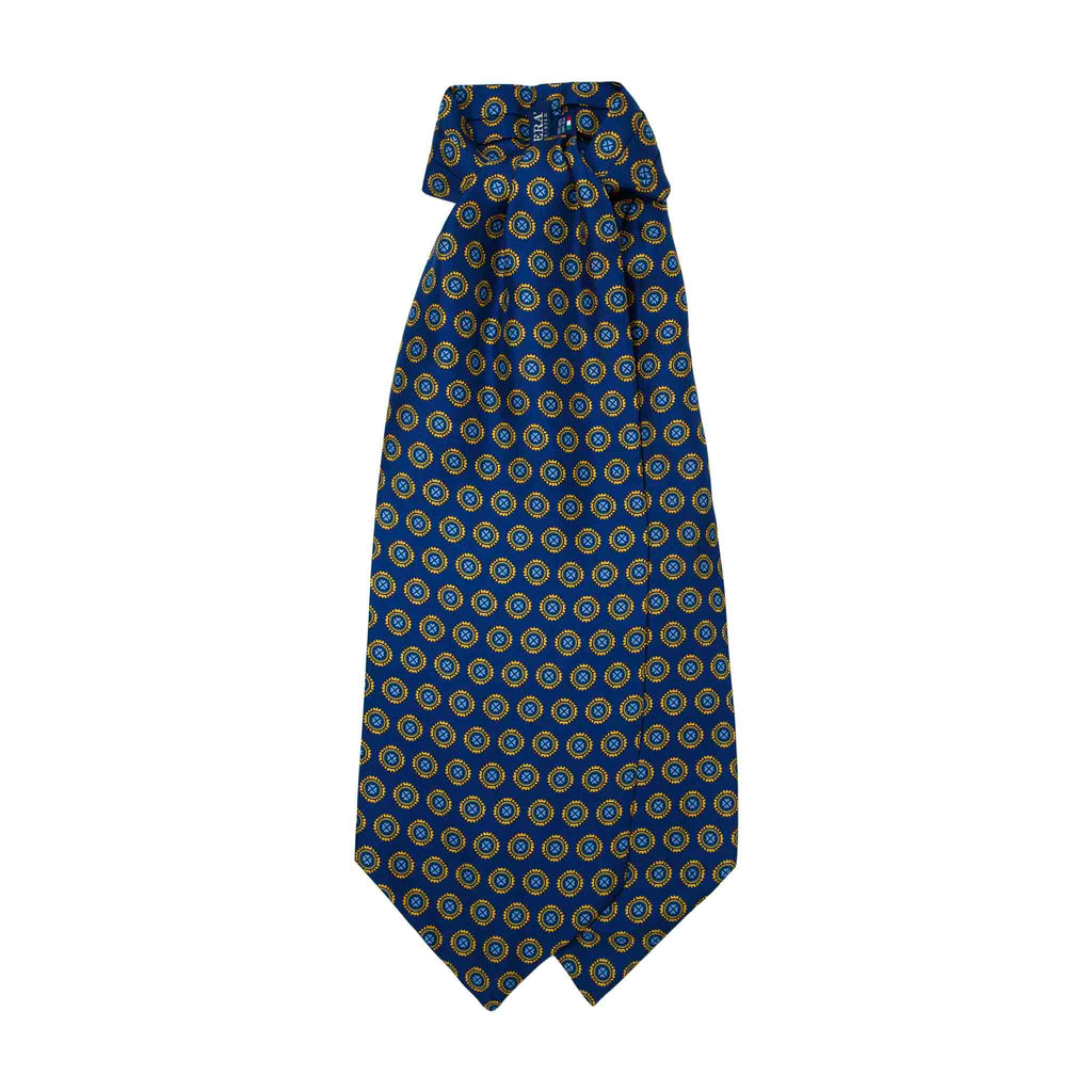 Blue Silk Ascot with Yellow Medallions Serà Fine Silk