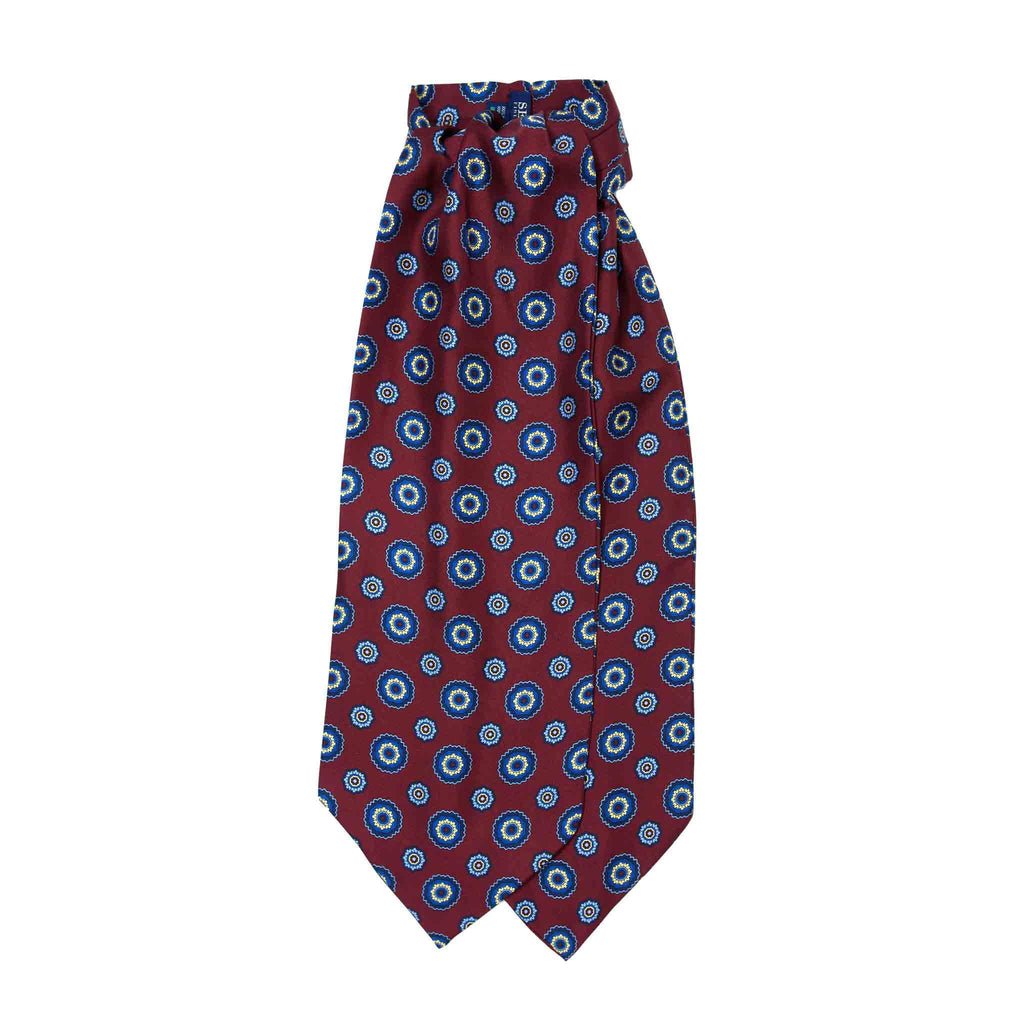 Burgundy Silk Ascot with Big Blue Flowers Serà Fine Silk