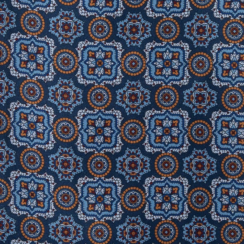 Blue with Light Blue and Orange Medallions Silk Ascot Serà Fine Silk