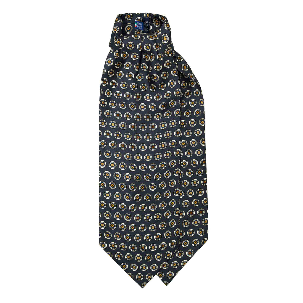 Dark Grey Silk Ascot with White and Yellow Medallions Serà Fine Silk