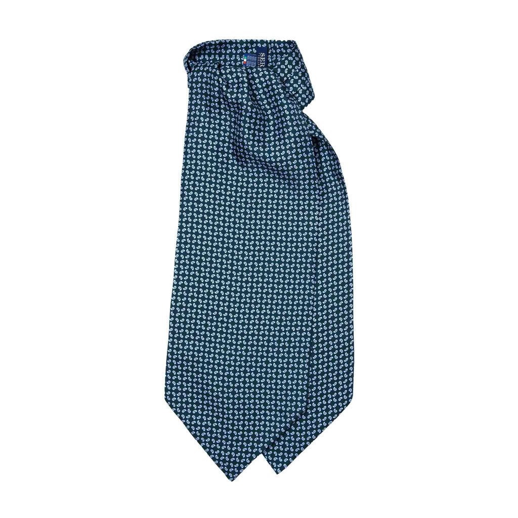 Forest Green Silk Ascot with Small Light Blue Paisley Serà Fine Silk