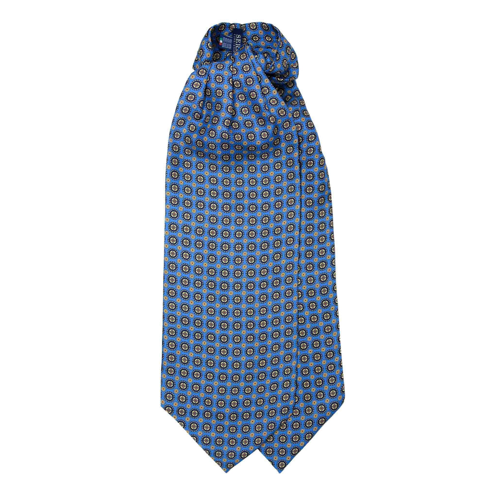 Light Blue Silk Ascot with Yellow Circle Medallions Serà Fine Silk
