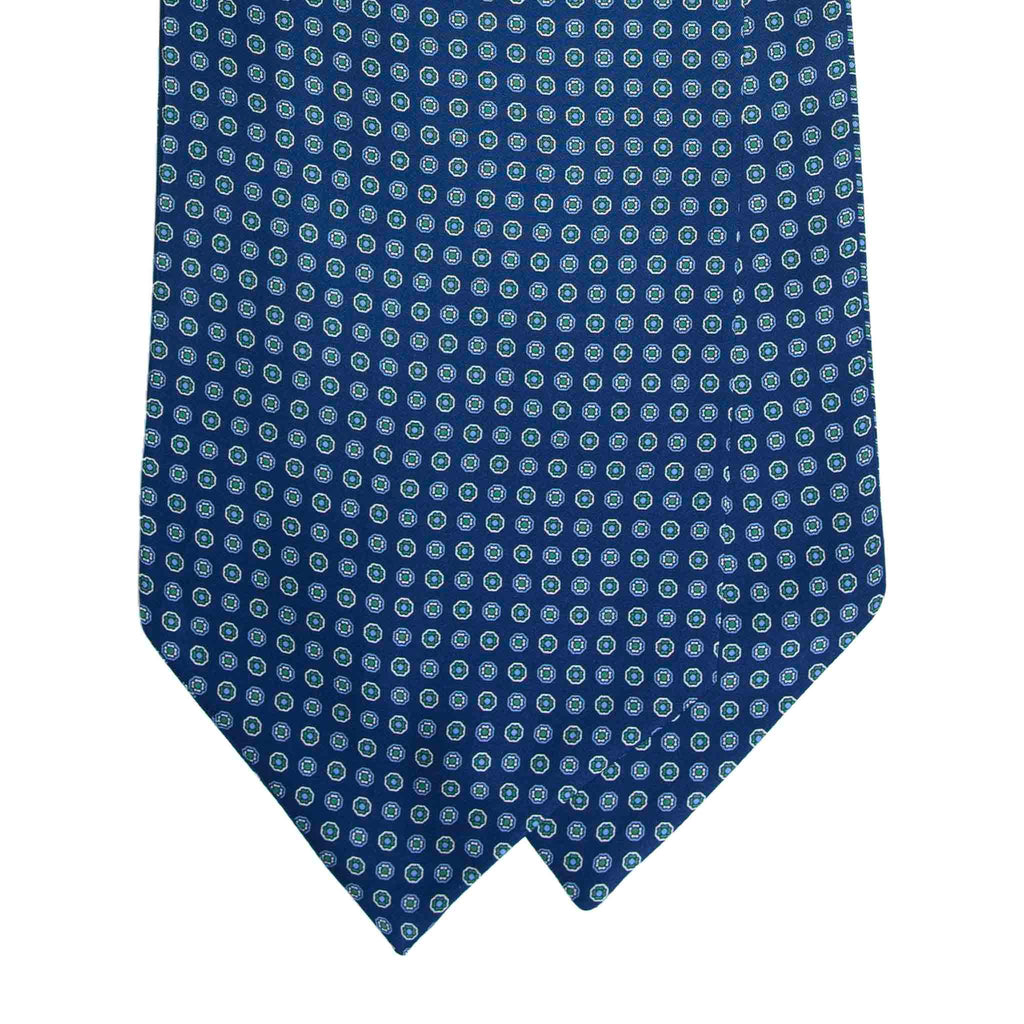 Navy Silk Ascot with Green Flower Medallions Serà Fine Silk